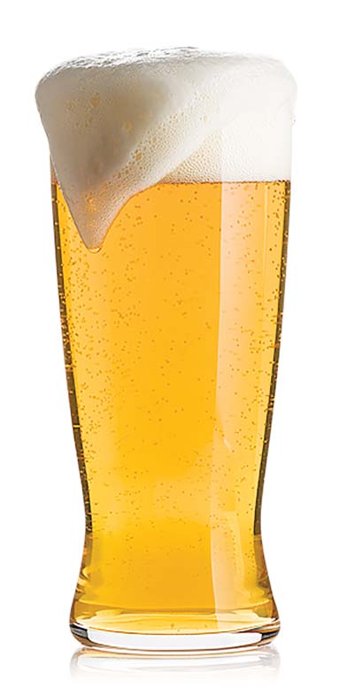 a pint of a pale ale-like beer with foam spilling over top edge of glass