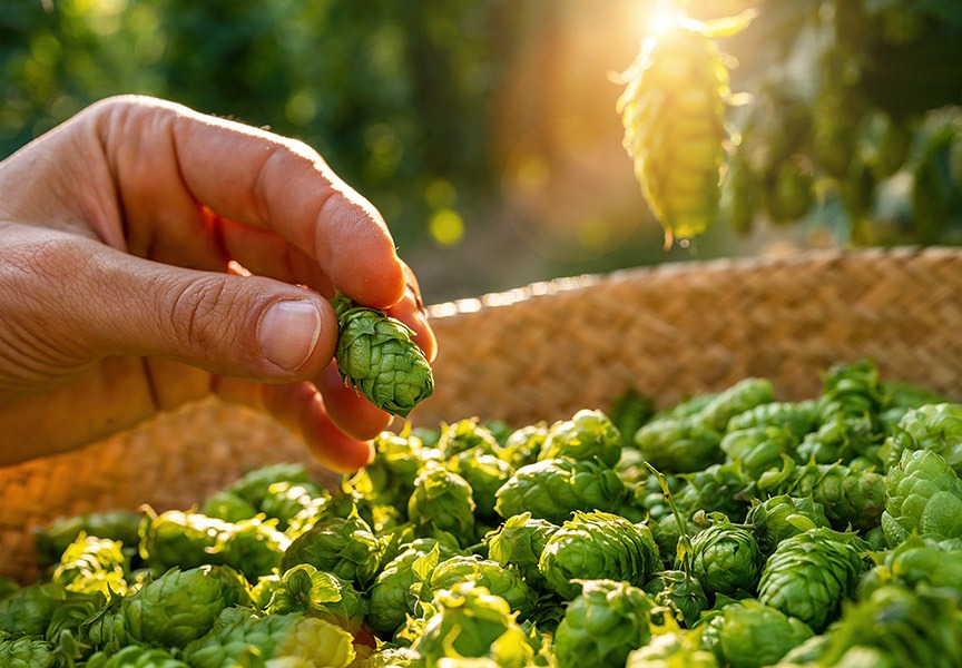Farmer hand holding hop over a basket from this years hops harvest in the field in Bavaria Germany.