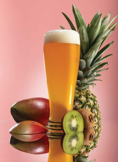 tropical fruit surrounding a hazy IPA, representing the thiols